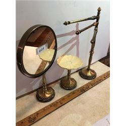 3 piece Bathroom deco set antique brass magnifying mirror, soap, towel stand