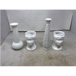 Two Milkglass Head Vases & 2 Milkglass Vases