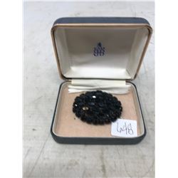 Sherman Black Oval Crystal Brooch, Japanned Back- Signed With Birks Box