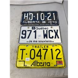 (3) 1970'S License Plates- 2 Alberta 1 Quebec