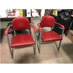 One Pair Of Mid Century Modern Red Vinyl Industrial Arm Chairs