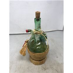 Green Glass Coal Oil Lamp And Italian Wicker Wrap Wine Bottle