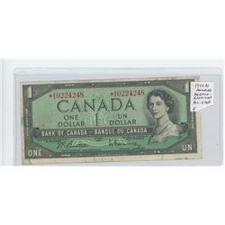 1954 $1 Modified Portrait Replacement Note. Beattie-Rasminsky signatures. *A/A prefix. BC-37bA. F-12