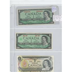 Lot of 3 Canadian $1 notes: 1954 Modified Portrait, Beattie-Rasminsky signatures. BC-37bi, AU; 1867-