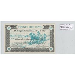St. Gregor, Sask. 1920-1970 Homecoming 25 cents Shinplaster Scrip issued in 1971. Unc.