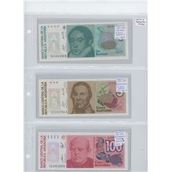 Lot of 3 different Argentina notes: 1985-1989 1 Austral; 1986-1989 5 Australs; 1985-1990 100 Austral