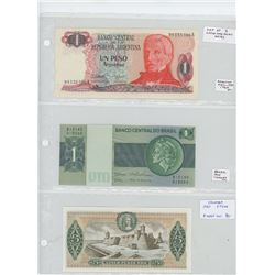 Lot of 3 different Latin American notes: Argentina 1983-1984 1 Peso VF+; Brazil 1975 1 Cruzeiro Unc;