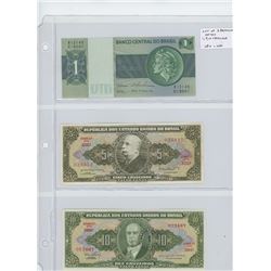 Lot of 3 different Brazilian notes: 1 Cruzeiro, 5 Cruzeiros, 10 Cruzeiros. VF+ - Unc.