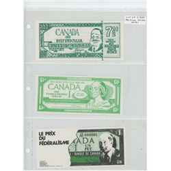 Lot of 3 different Political Satire notes: John Diefenbaker One Diefendollar worth 92 1/2 cents, Pie
