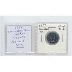 1954 Shoulder Fold nickel 5 cents. MS-63. nice.