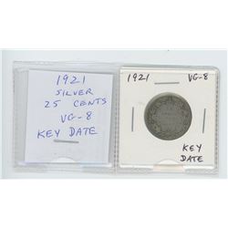 1921 George V silver 25 cents. VG-8. Key Date.