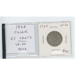 1928 George V silver 25 cents. VF-20. nice.