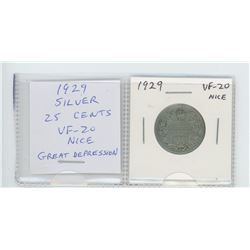 1929 George V silver 25 cents. VF-20. nice. The first year of the Great Depression.