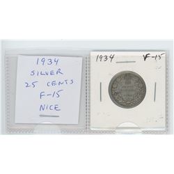 1934 George V silver 25 cents. F-15. nice.