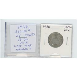 1936 George V silver 25 cents. VF-20. nice. The year George V died.