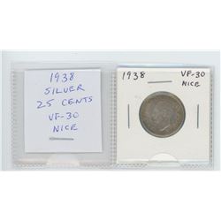 1938 George VI silver 25 cents. VF-30. nice.