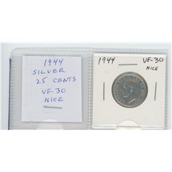 1944 George VI silver 25 cents. VF-30. nice World War II issue.