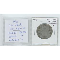 1911 silver 50 cents. VG-8. The first year of issue for George V.