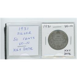 1931 silver 50 cents. VG-10. Key Date.