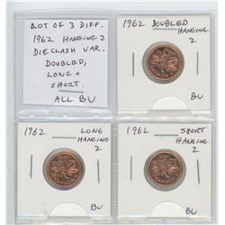 Lot of 3 different 1962 Hanging 2 cents: Doubled Hanging 2, Long Hanging 2, Short Hanging 2. All BU 