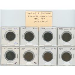 Lot of 8 different Edward VII Canadian Large Cents: 1902-1910. Coins graded VG-8 – VF-30.