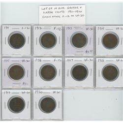 Complete Set 10 different George V Canadian Large Cents: 1911 – 1920. Coins grade F-12 to VF-30.