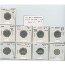 Lot of 9 Canadian varieties. 1942N 5 cents with Spikes from Die Clash; 1949 5 cents with Spikes from
