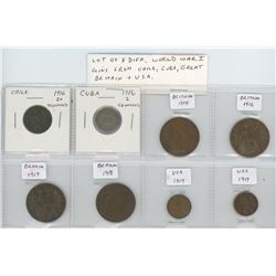 Lot of 8 different World War I coins 1914-1918 from Chile, Cuba, Great Britain and U.S.A.
