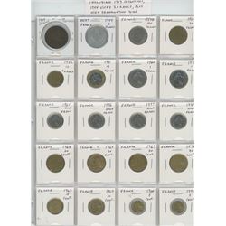 Lot of 20 different French coins including 1909 10 centimes, 1944 Vichy 2 francs, plus high denomina