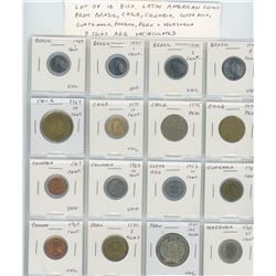 Lot of 16 different Latin American coins from Brazil, Chile, Colombia, Costa Rica, Guatemala, Panama
