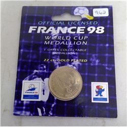 France 1998 World Cup Medallion. 22 karat gold plated. Unc. In folder of issue.