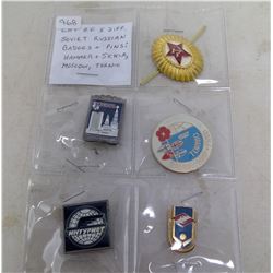 Lot of 5 different Soviet Russian Badges and Pins: Includes Hammer & Sickle, Moscow and Tornio.