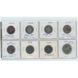 2006P coloured Canada day, two 2000 pride dot, 2009 high & low "2" coloured men's hockey quarters an