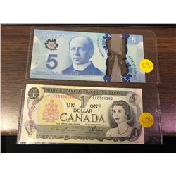 1973 bank of Canada dollar bill- UNC & 2013 bank of Canada five dollar bill- CH UNC