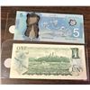 Image 2 : 1973 bank of Canada dollar bill- UNC & 2013 bank of Canada five dollar bill- CH UNC