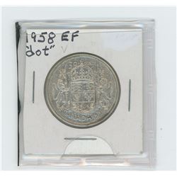 1958 dot under last "A" in Canada- silver fifty cent coin