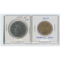 1977 SWL-attached jewels nickel dollar, 1910-2010 Canadian navy nickel/bronze dollar
