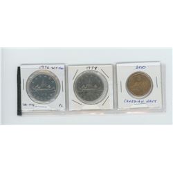 1967 detached jewels, 1978- nickel dollars, 2010 Canadian navy toonies