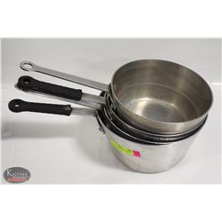 LOT OF 4  ASSORTED SIZE SAUCE PANS. SIZES RANGE