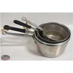 LOT OF 4 ASSORTED SIZE SAUCE PANS. SIZES RANGE