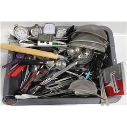 BUS BIN W/ ASSORTED KITCHEN UTENSILS UNCL: SPOONS,