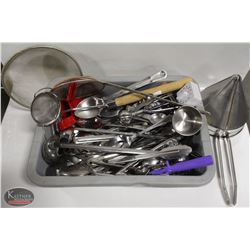 BUS BIN W/ ASSORTED KITCHEN UTENSILS UNCL: SPOONS,