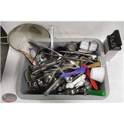 BUS BIN W/ ASSORTED KITCHEN UTENSILS UNCL: SPOONS,