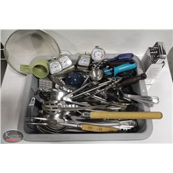BUS BIN W/ ASSORTED KITCHEN UTENSILS UNCL: SPOONS,