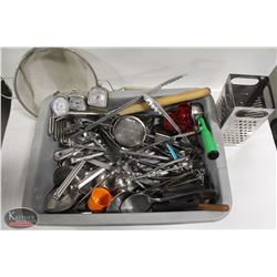 BUS BIN W/ ASSORTED KITCHEN UTENSILS UNCL: SPOONS,