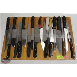 19 ASSORTED KITCHEN KNIVES AND 24" X 16" BOARD