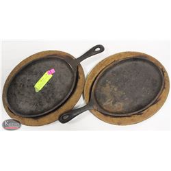 LOT OF TWO 15" X 7" CAST IRON  SKILLET W/ WOODEN