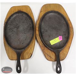 LOT OF TWO 15" X 7" CAST IRON  SKILLET W/ WOODEN