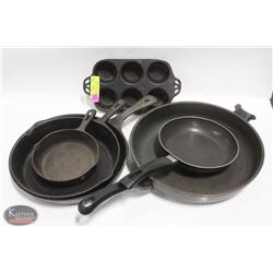 LOT OF VARIOUS CAST IRON COOKWARE: MUFFIN PAN &