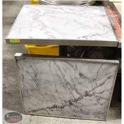 TWO WHITE GRANITE TOP TABLES W/ BLACK METAL